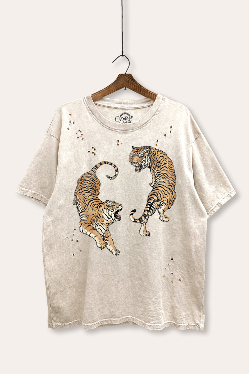 roaring tigers mineral wash distressed boxy graphic t-shirt