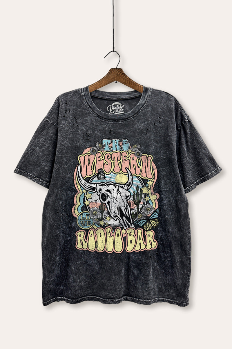 Western Rodeo Bar Retro Graphic Mineral Wash Distress Tee
