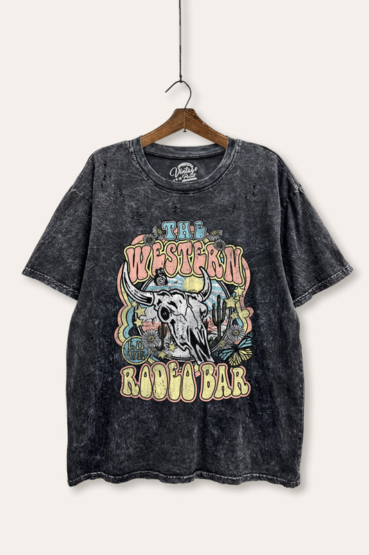 "the western rodeo bar" mineral wash laser distress graphic tee