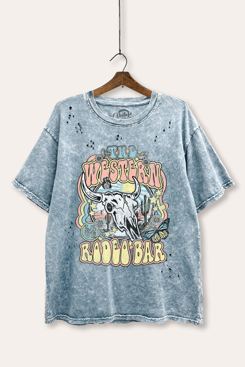 Western Rodeo Bar Retro Graphic Mineral Wash Distress Tee