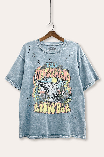 Western Rodeo Bar Retro Graphic Mineral Wash Distress Tee