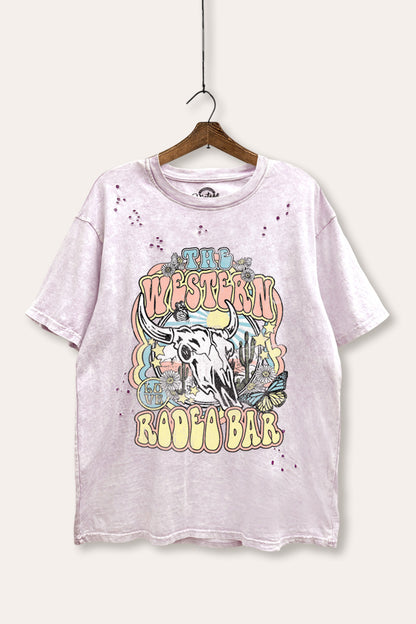 Western Rodeo Bar Retro Graphic Mineral Wash Distress Tee