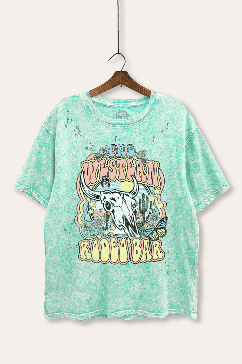 Western Rodeo Bar Retro Graphic Mineral Wash Distress Tee