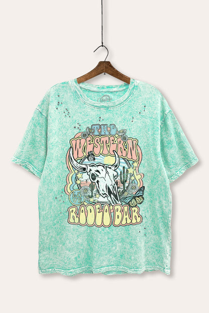 Western Rodeo Bar Retro Graphic Mineral Wash Distress Tee