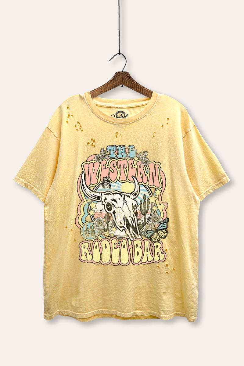 Western Rodeo Bar Retro Graphic Mineral Wash Distress Tee