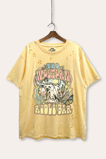 Western Rodeo Bar Retro Graphic Mineral Wash Distress Tee