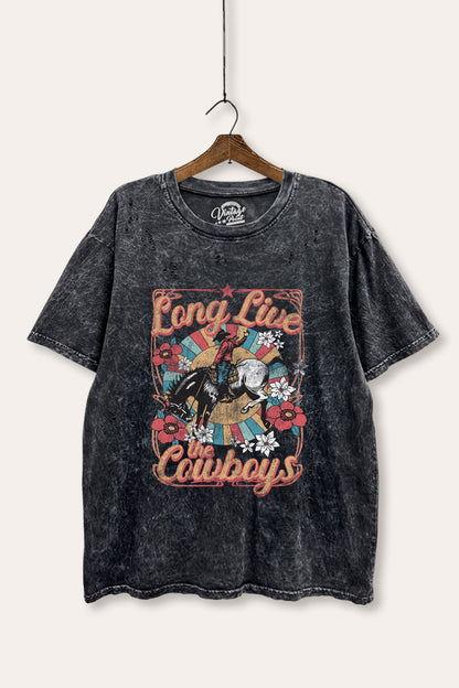 Long Live Cowboys Retro Graphic Mineral Wash Distress Tee