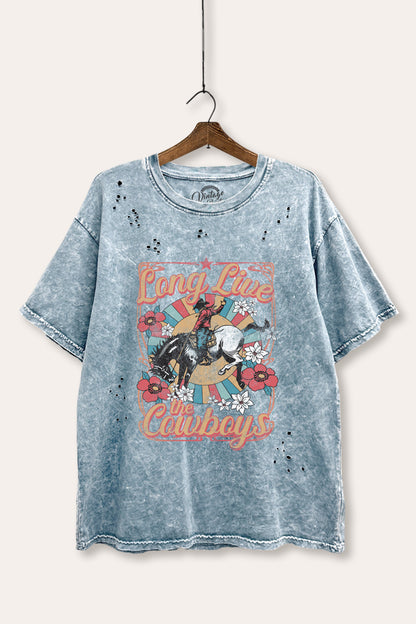 Long Live Cowboys Retro Graphic Mineral Wash Distress Tee