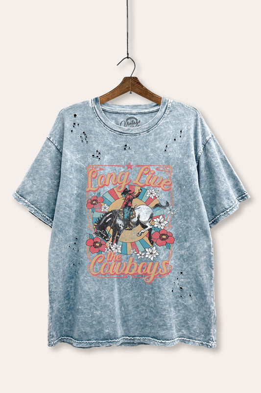 "long live the cowboys" mineral wash laser distress graphic tee