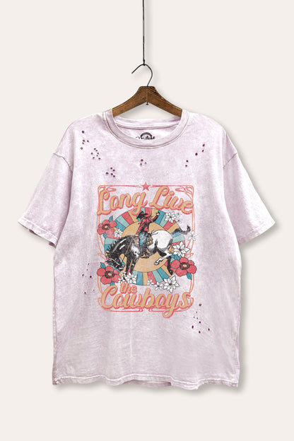 Long Live Cowboys Retro Graphic Mineral Wash Distress Tee
