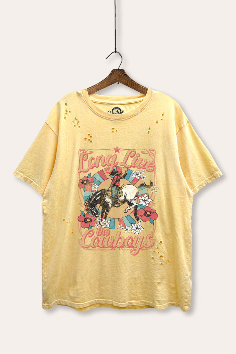 Long Live Cowboys Retro Graphic Mineral Wash Distress Tee