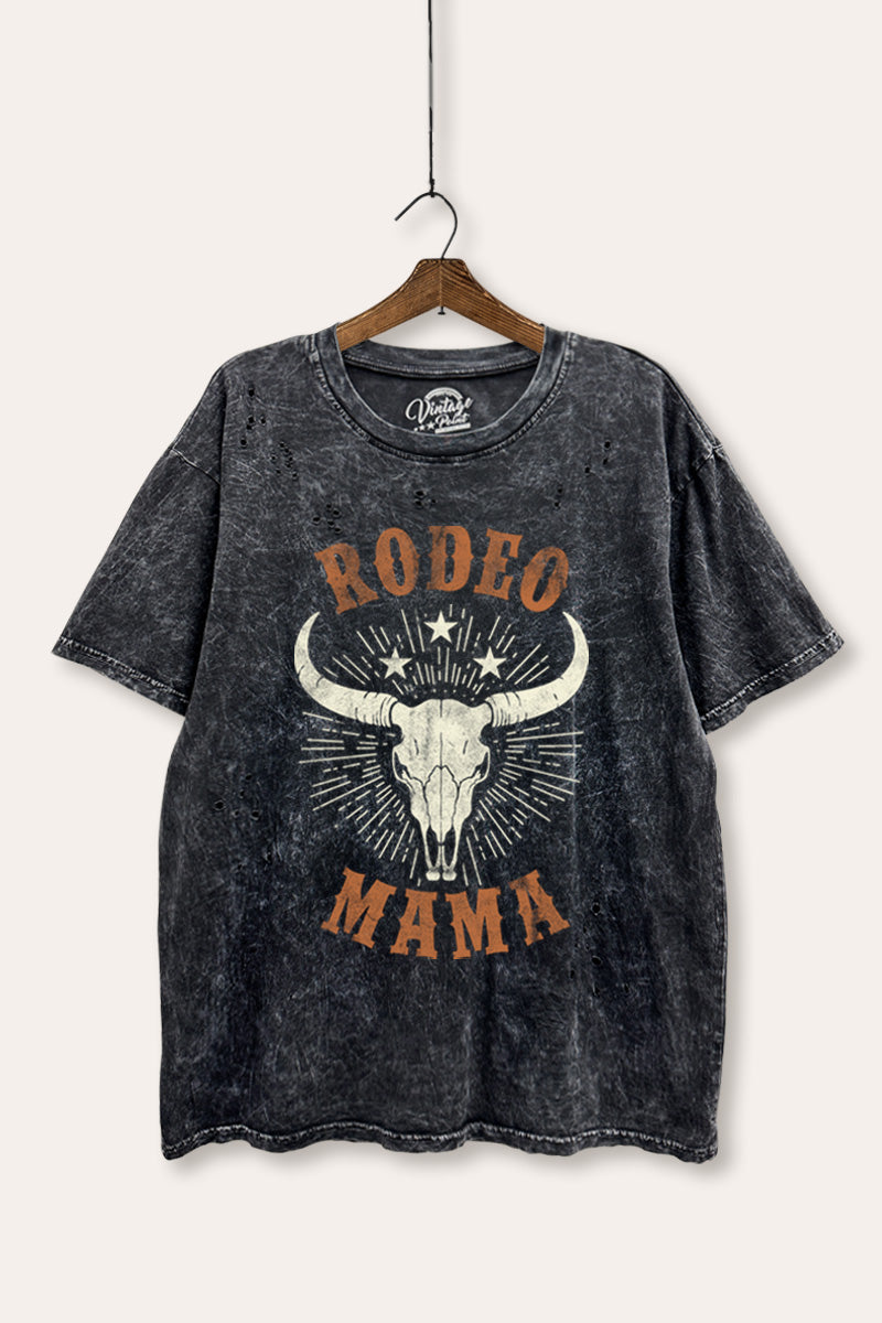 "rodeo mama" cow skull distressed boxy western graphic t-shirt