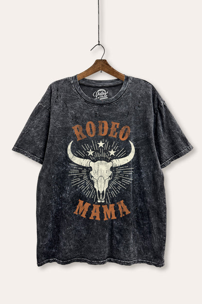 Rodeo Mama Western Skull Graphic Mineral Wash Distress Tee