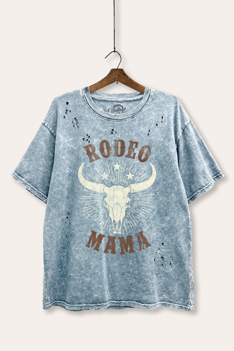 "rodeo mama" cow skull distressed boxy western graphic t-shirt