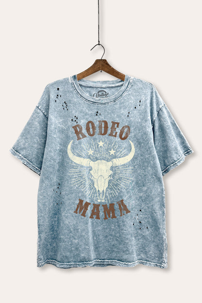 Rodeo Mama Western Skull Graphic Mineral Wash Distress Tee
