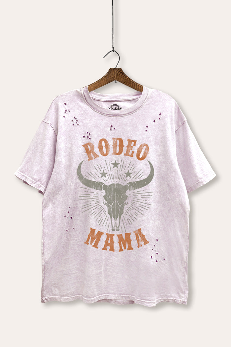 "rodeo mama" cow skull distressed boxy western graphic t-shirt