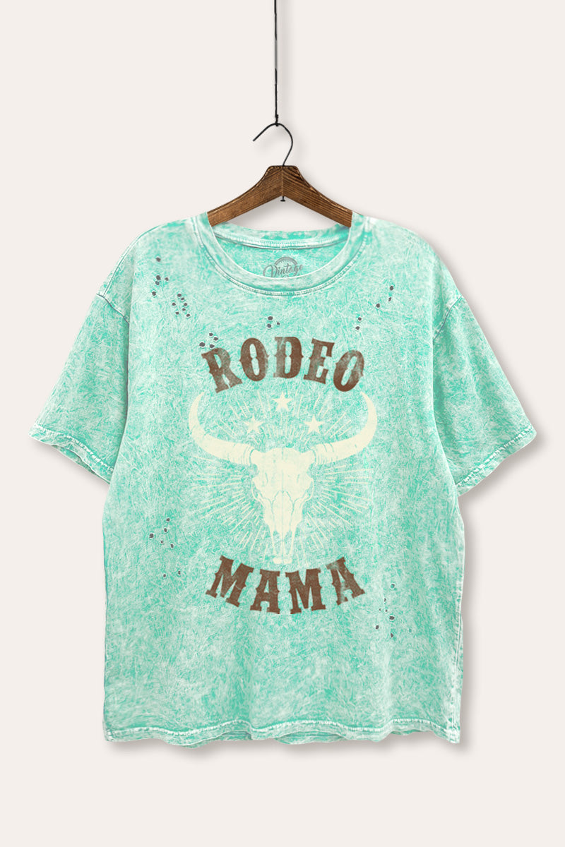 "rodeo mama" cow skull distressed boxy western graphic t-shirt