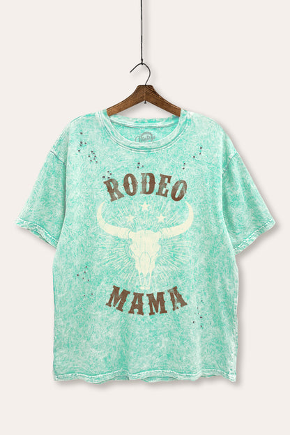 Rodeo Mama Western Skull Graphic Mineral Wash Distress Tee