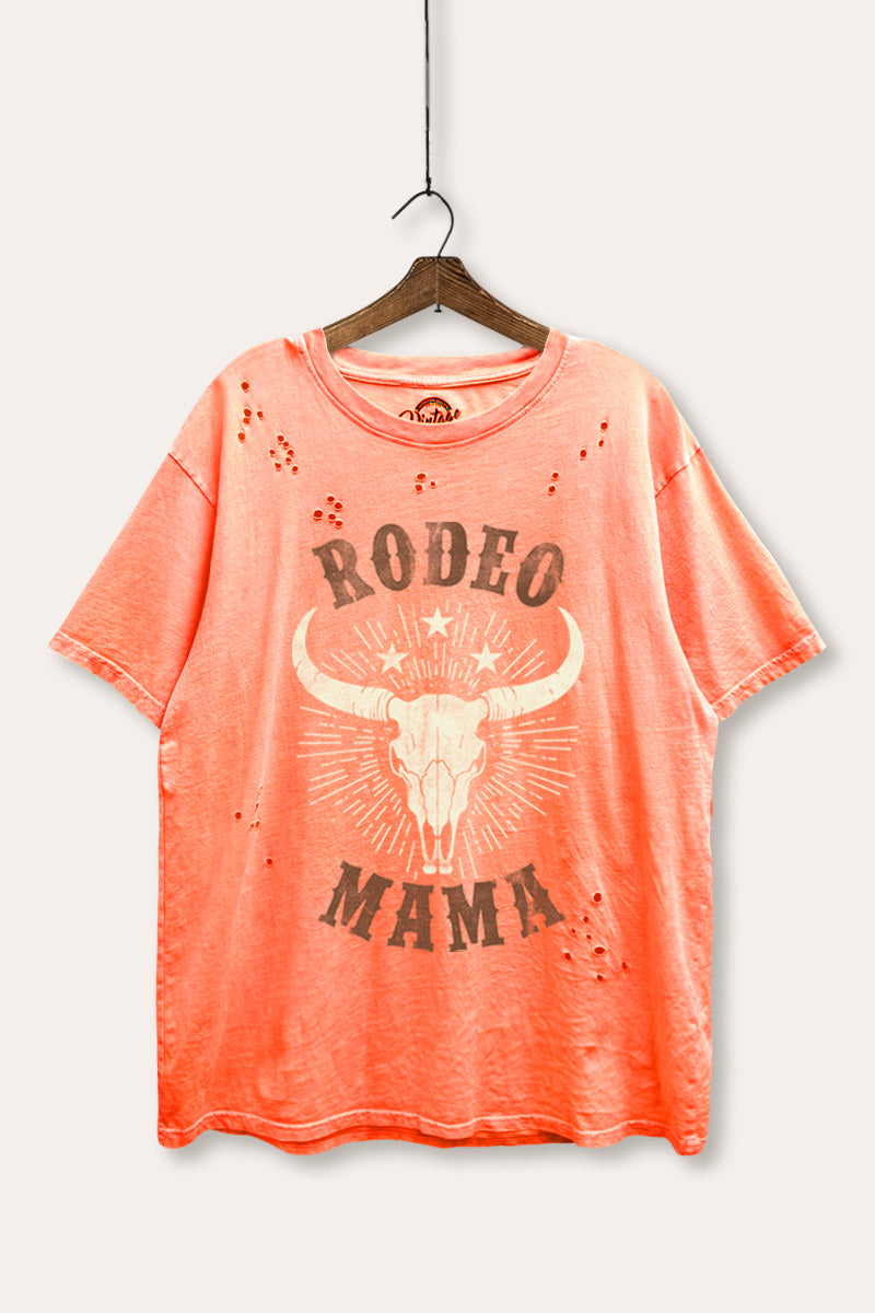 "rodeo mama" cow skull distressed boxy western graphic t-shirt