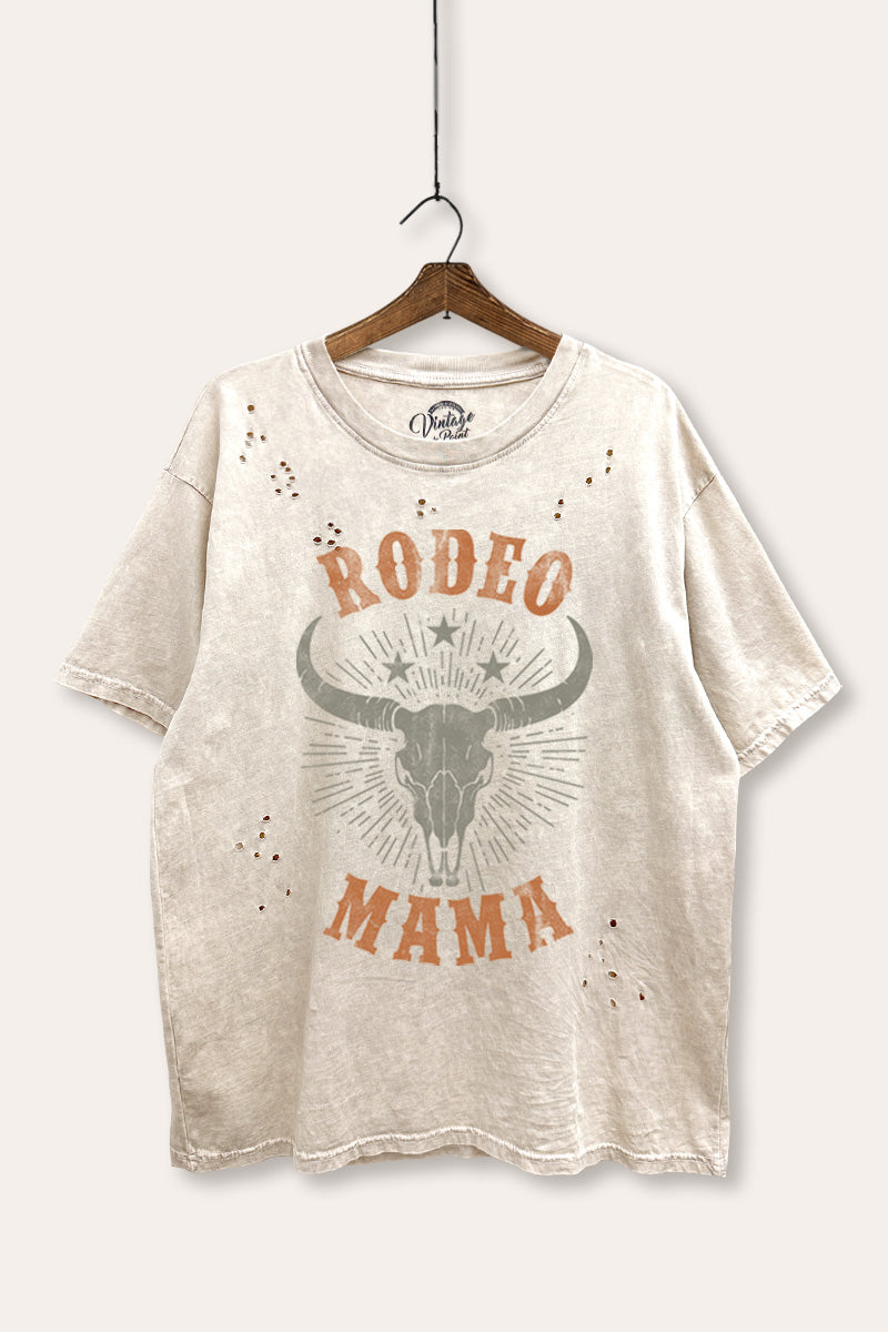 "rodeo mama" cow skull distressed boxy western graphic t-shirt