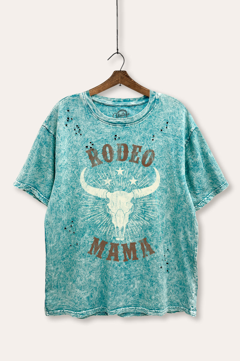 "rodeo mama" cow skull distressed boxy western graphic t-shirt