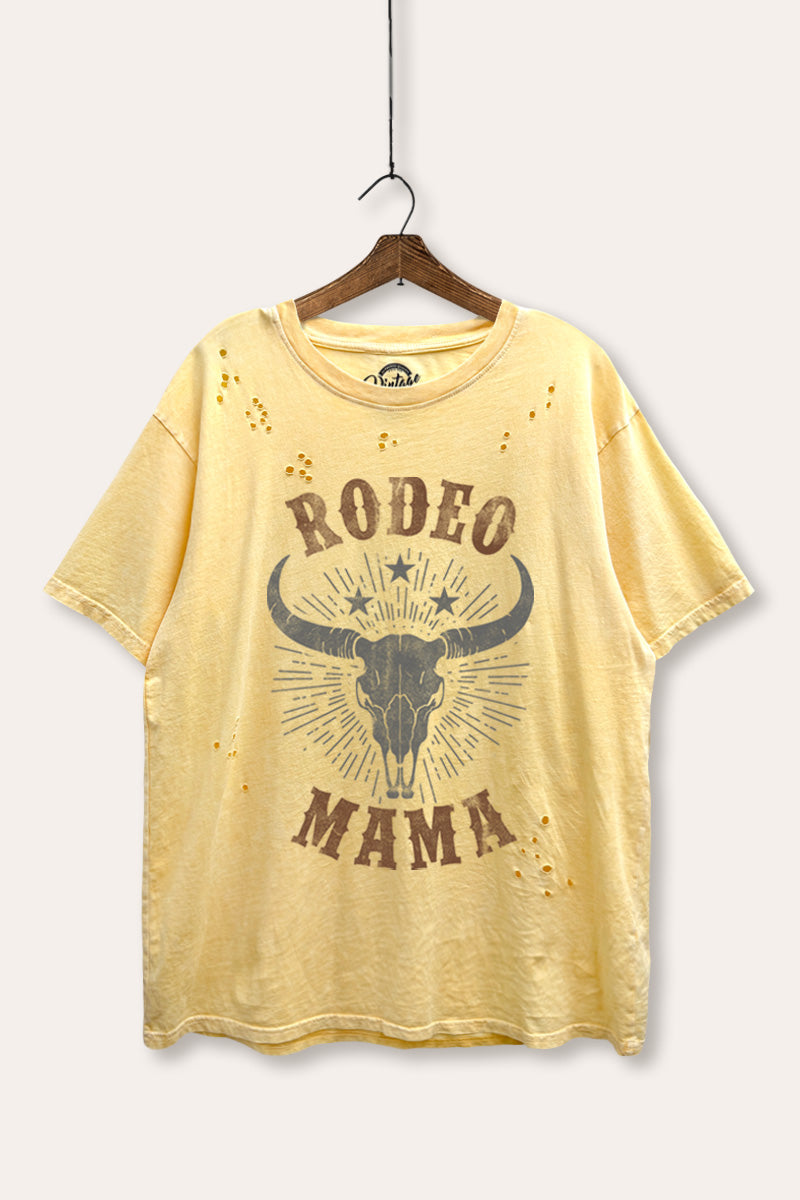 "rodeo mama" cow skull distressed boxy western graphic t-shirt