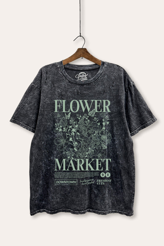 "flower market" mineral wash laser distress graphic tee