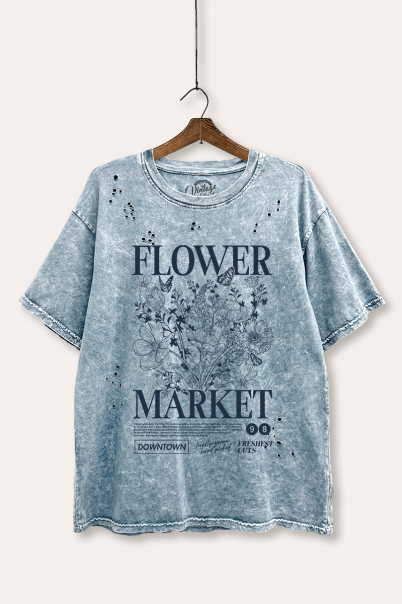 Flower Market Graphic Mineral Wash Distress Tee
