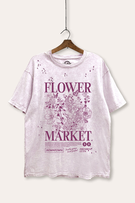 "flower market" mineral wash laser distress graphic tee