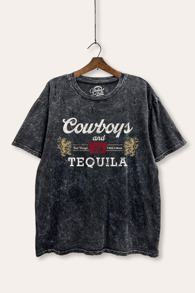 "cowboys & tequila" graphic mineral wash laser distress tee