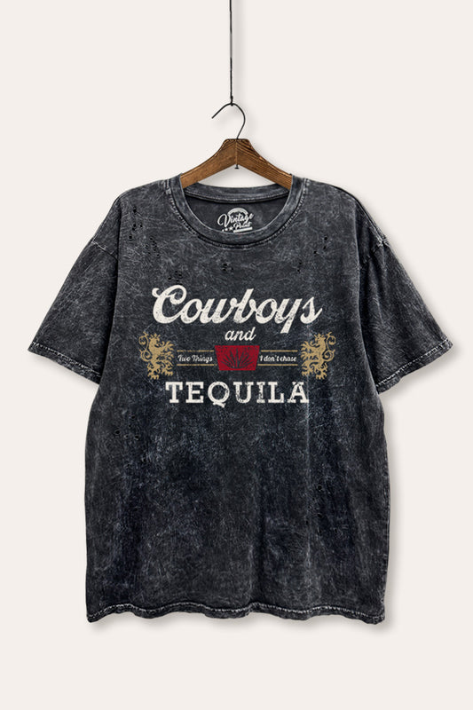 "cowboys & tequila" graphic mineral wash laser distress tee