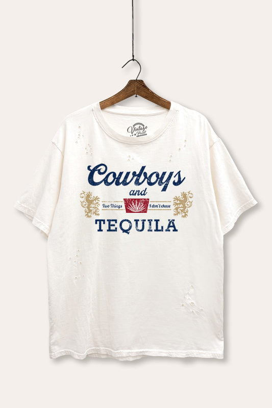 "cowboys & tequila" graphic mineral wash laser distress tee