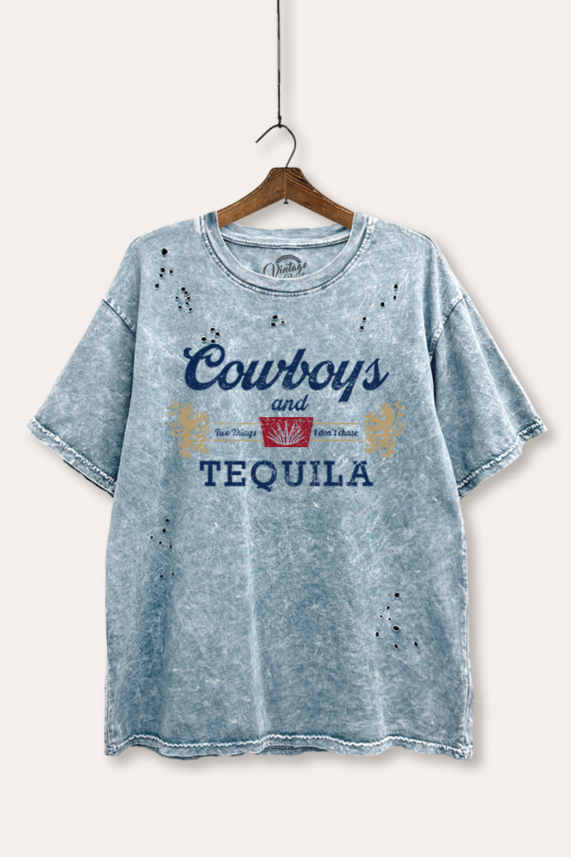 "cowboys & tequila" graphic mineral wash laser distress tee
