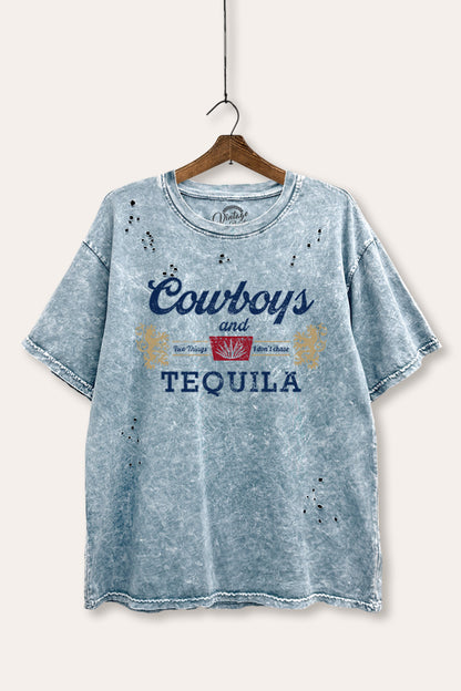 Cowboys & Tequila Graphic Mineral Wash Distress Tee