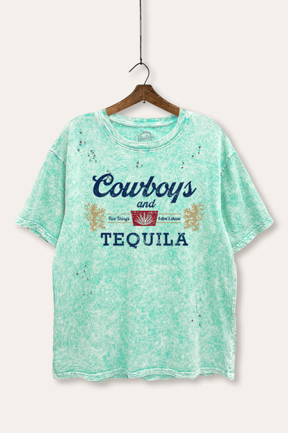 Cowboys & Tequila Graphic Mineral Wash Distress Tee