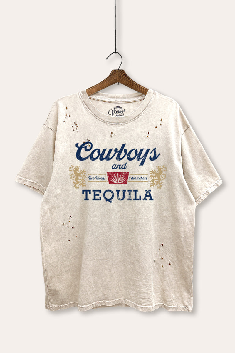 "cowboys & tequila" graphic mineral wash laser distress tee