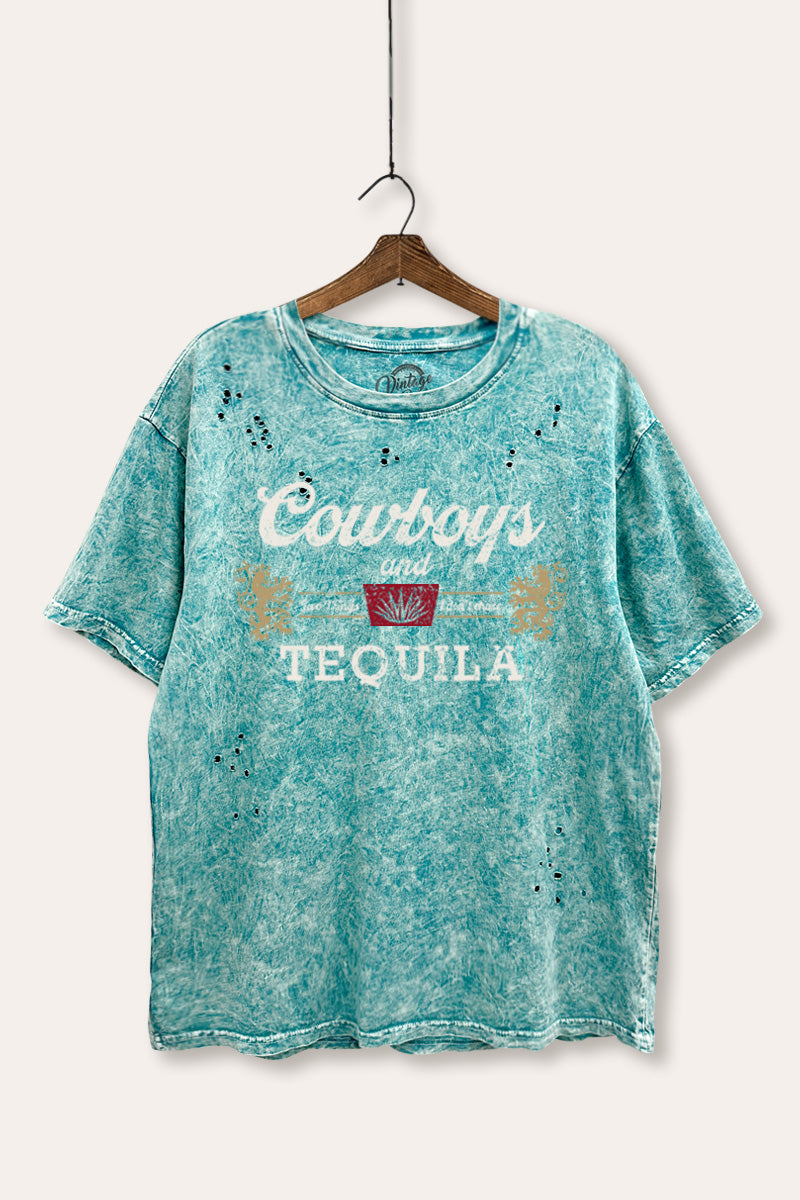 "cowboys & tequila" graphic mineral wash laser distress tee