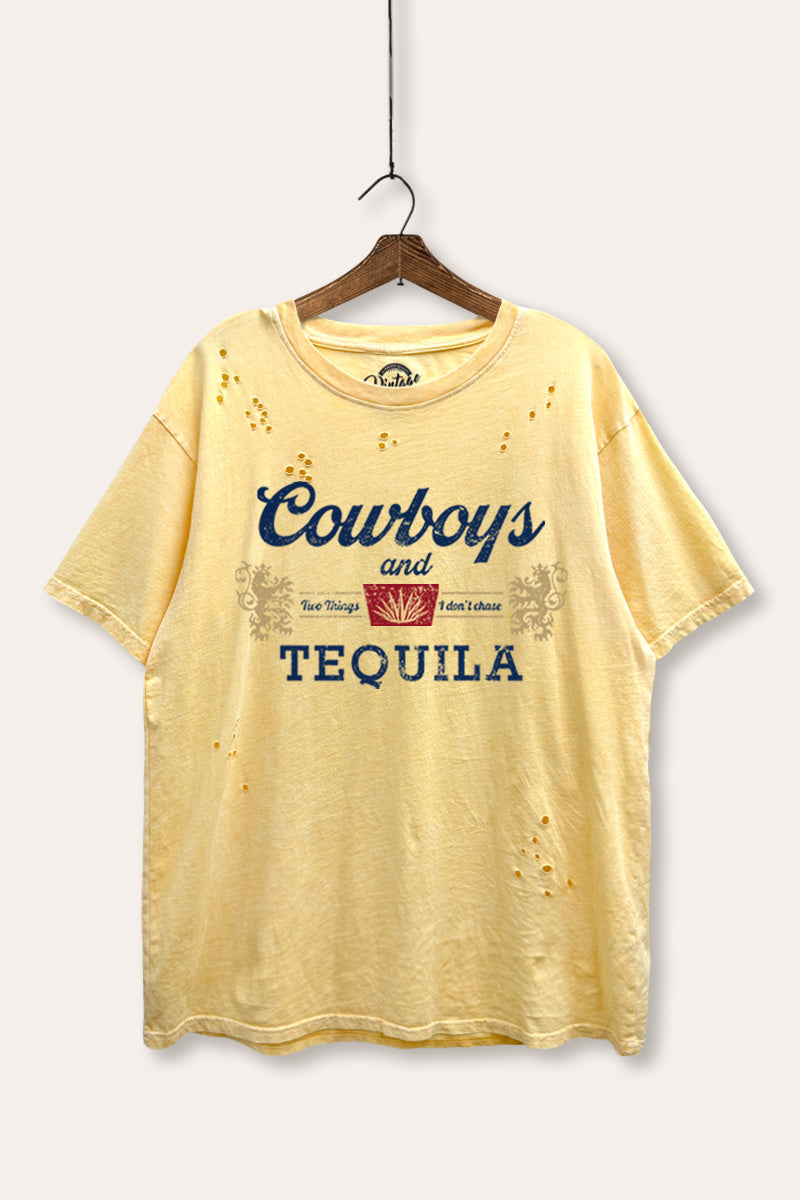 "cowboys & tequila" graphic mineral wash laser distress tee