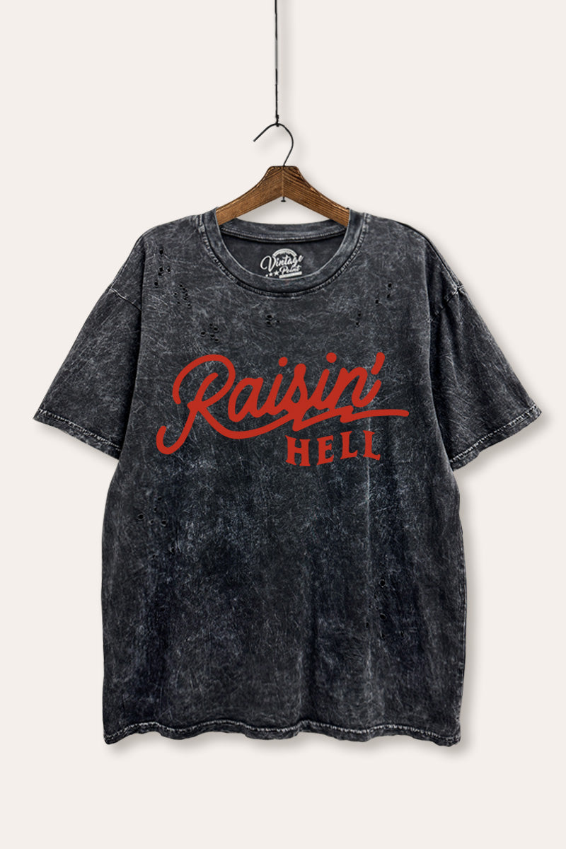 "raisin' hell" distressed boxy graphic t-shirt
