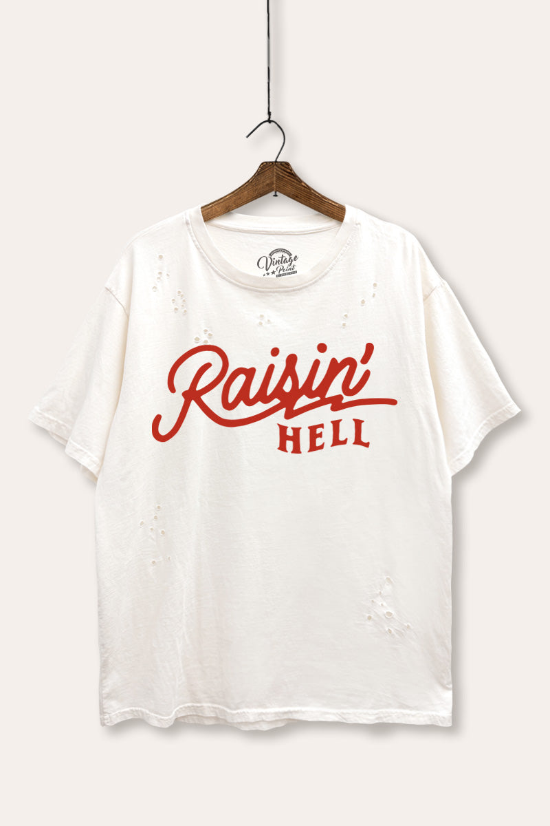 "raisin' hell" distressed boxy graphic t-shirt