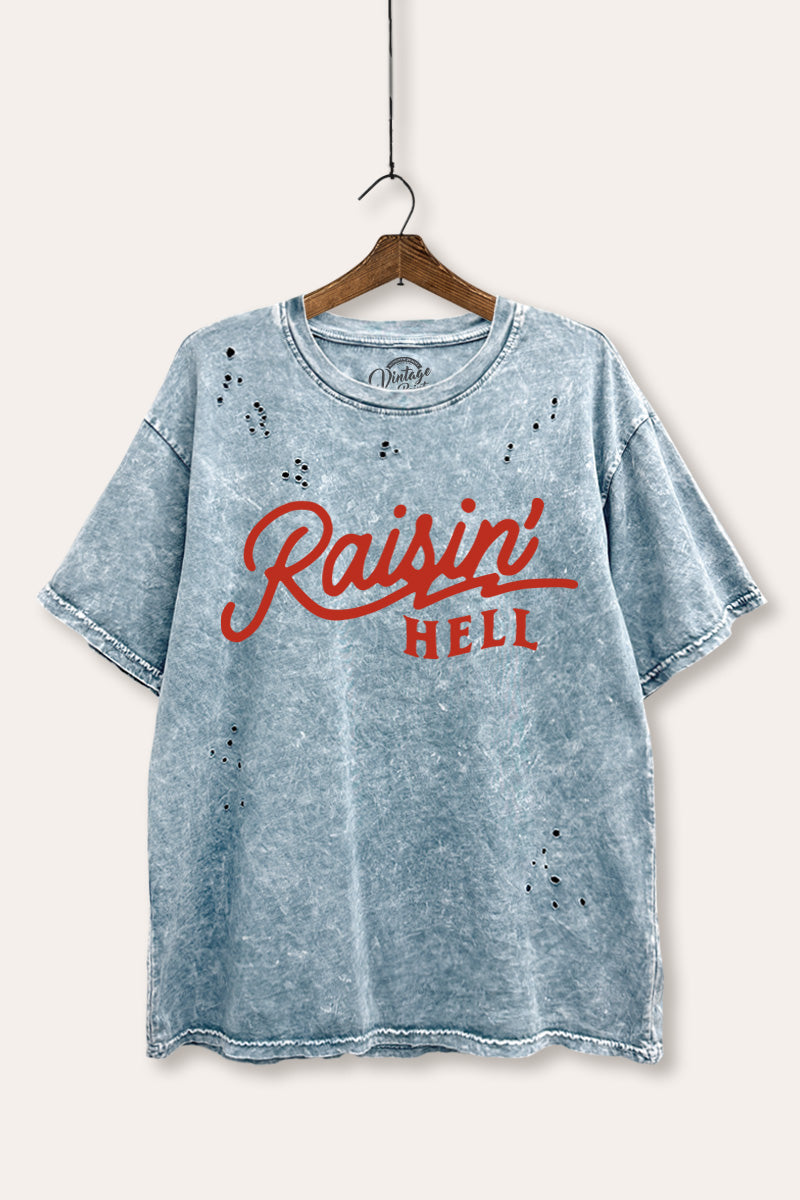 "raisin' hell" distressed boxy graphic t-shirt