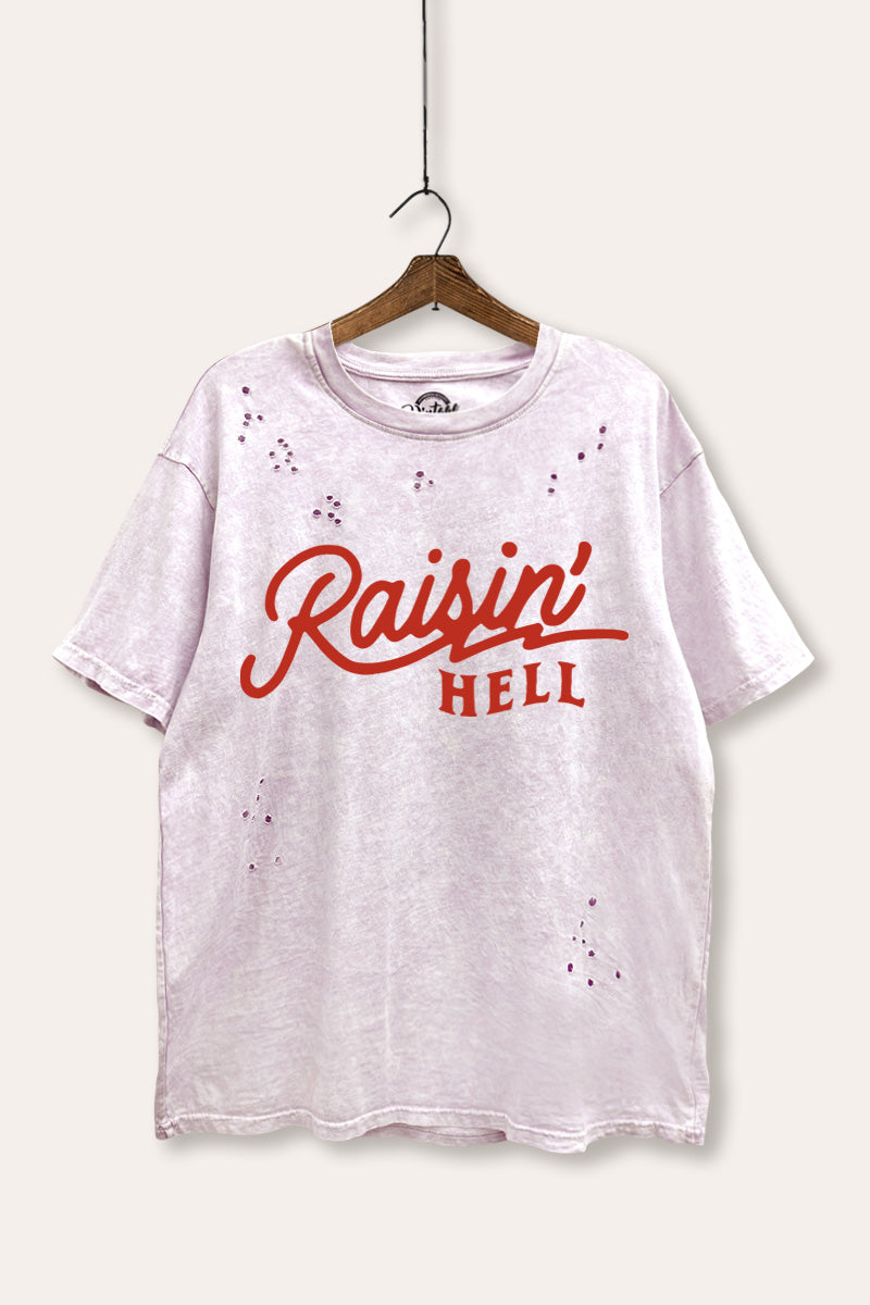 "raisin' hell" distressed boxy graphic t-shirt