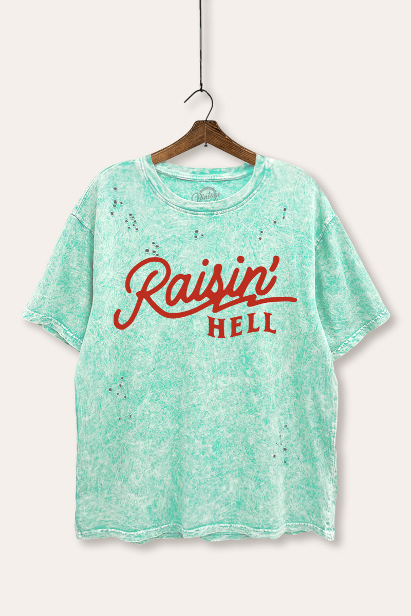 "raisin' hell" distressed boxy graphic t-shirt