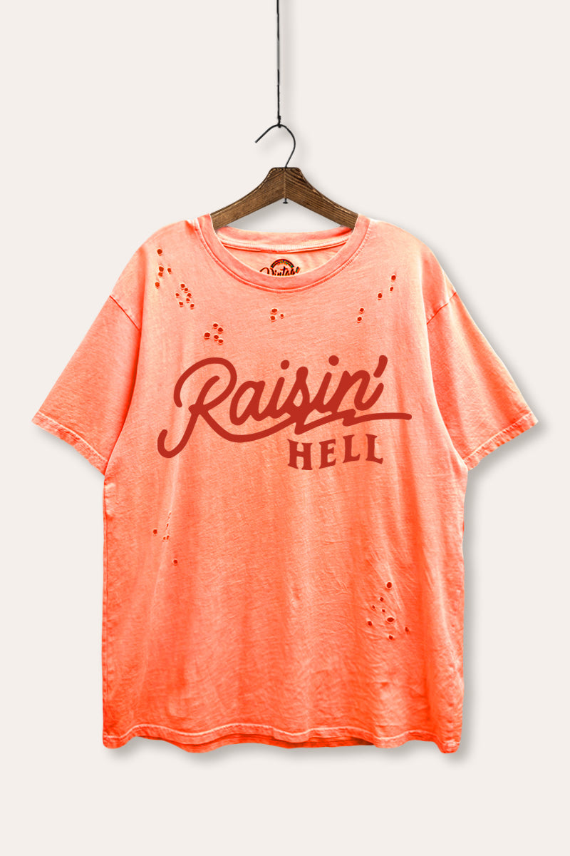 "raisin' hell" distressed boxy graphic t-shirt