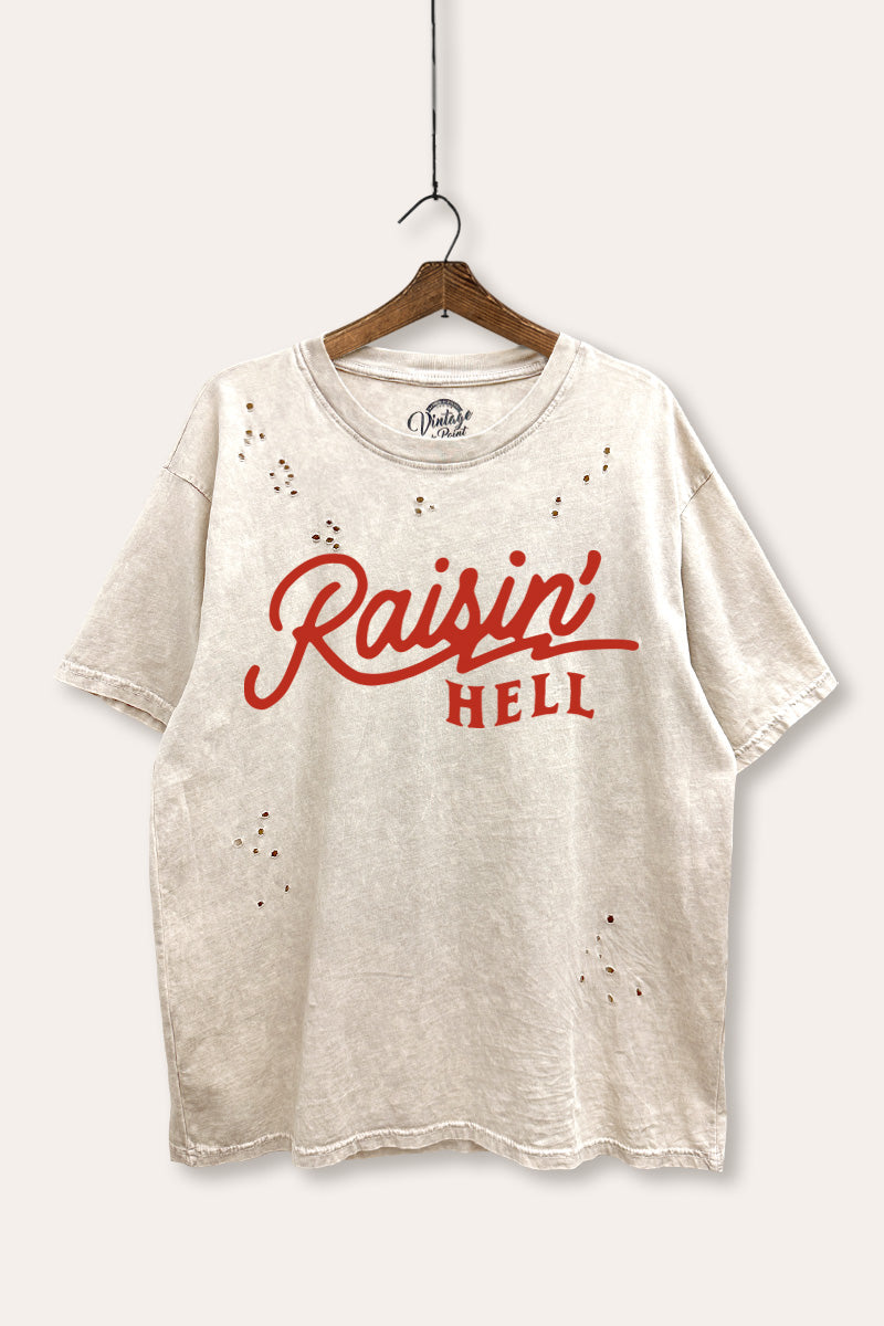 "raisin' hell" distressed boxy graphic t-shirt