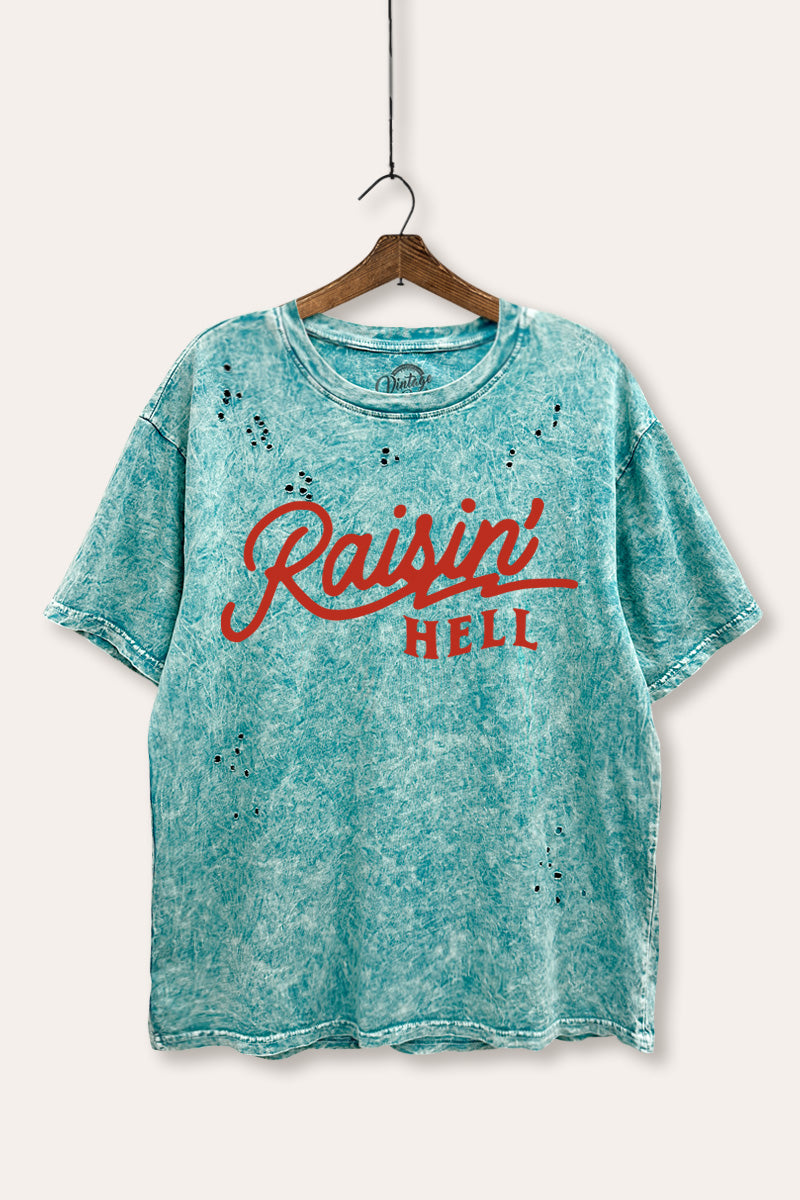 "raisin' hell" distressed boxy graphic t-shirt