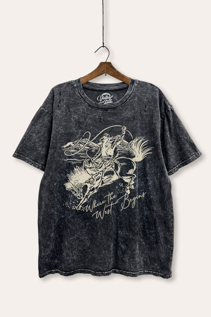 "where the west begins" mineral wash laser distress graphic tee