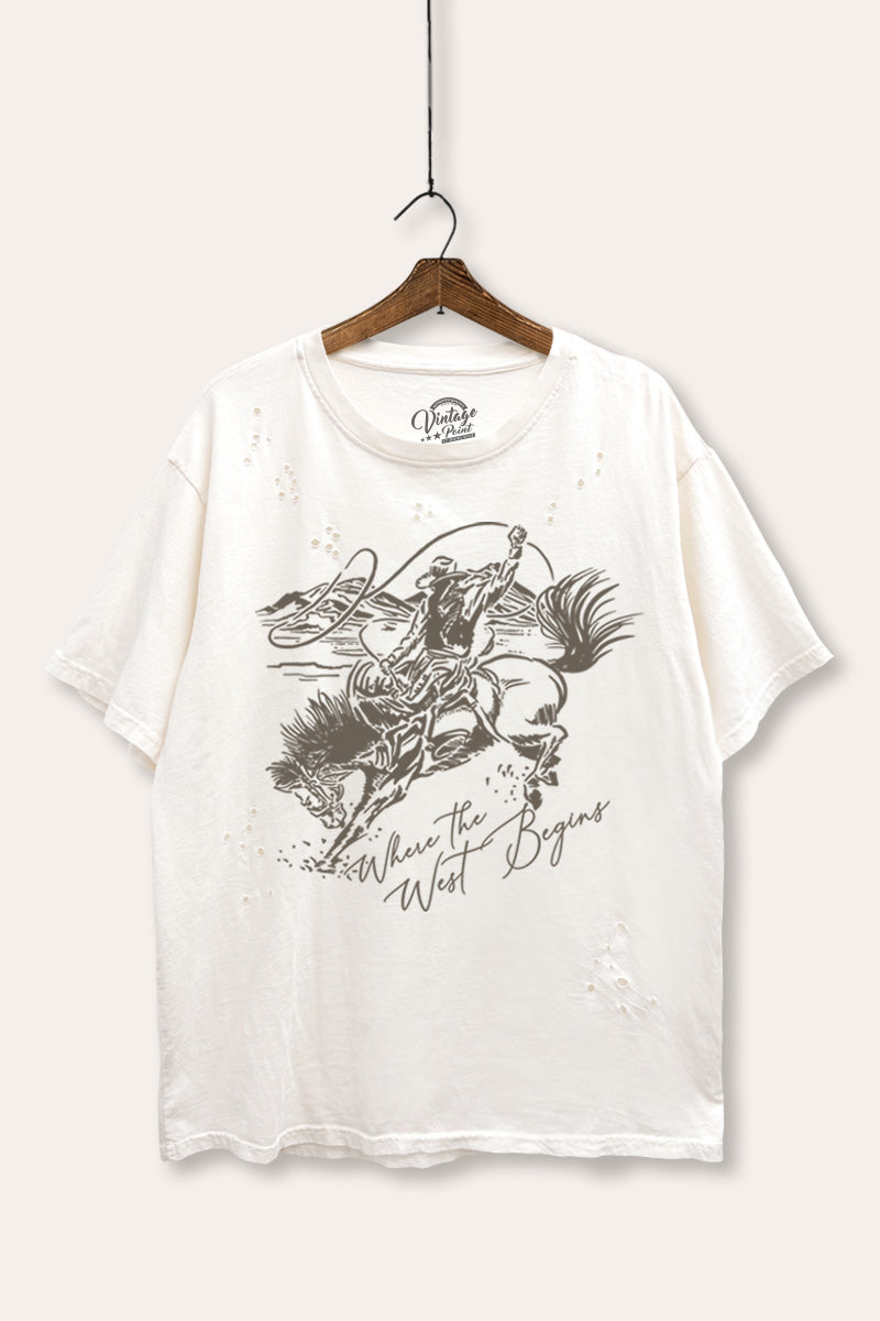 "where the west begins" laser cut boxy graphic tee
