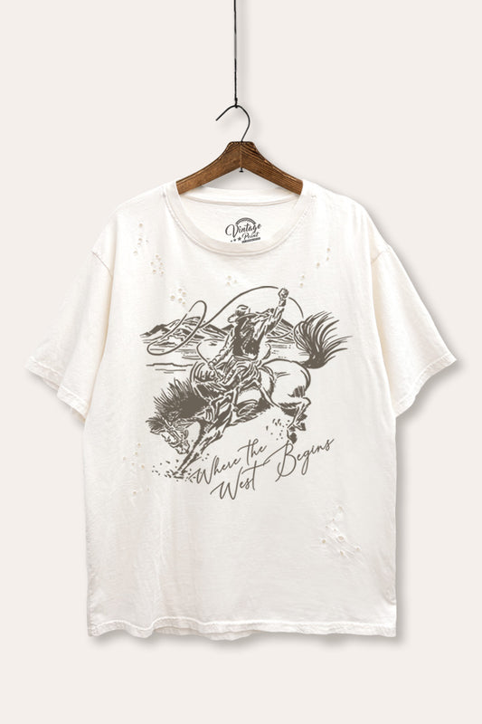 "where the west begins" mineral wash laser distress graphic tee