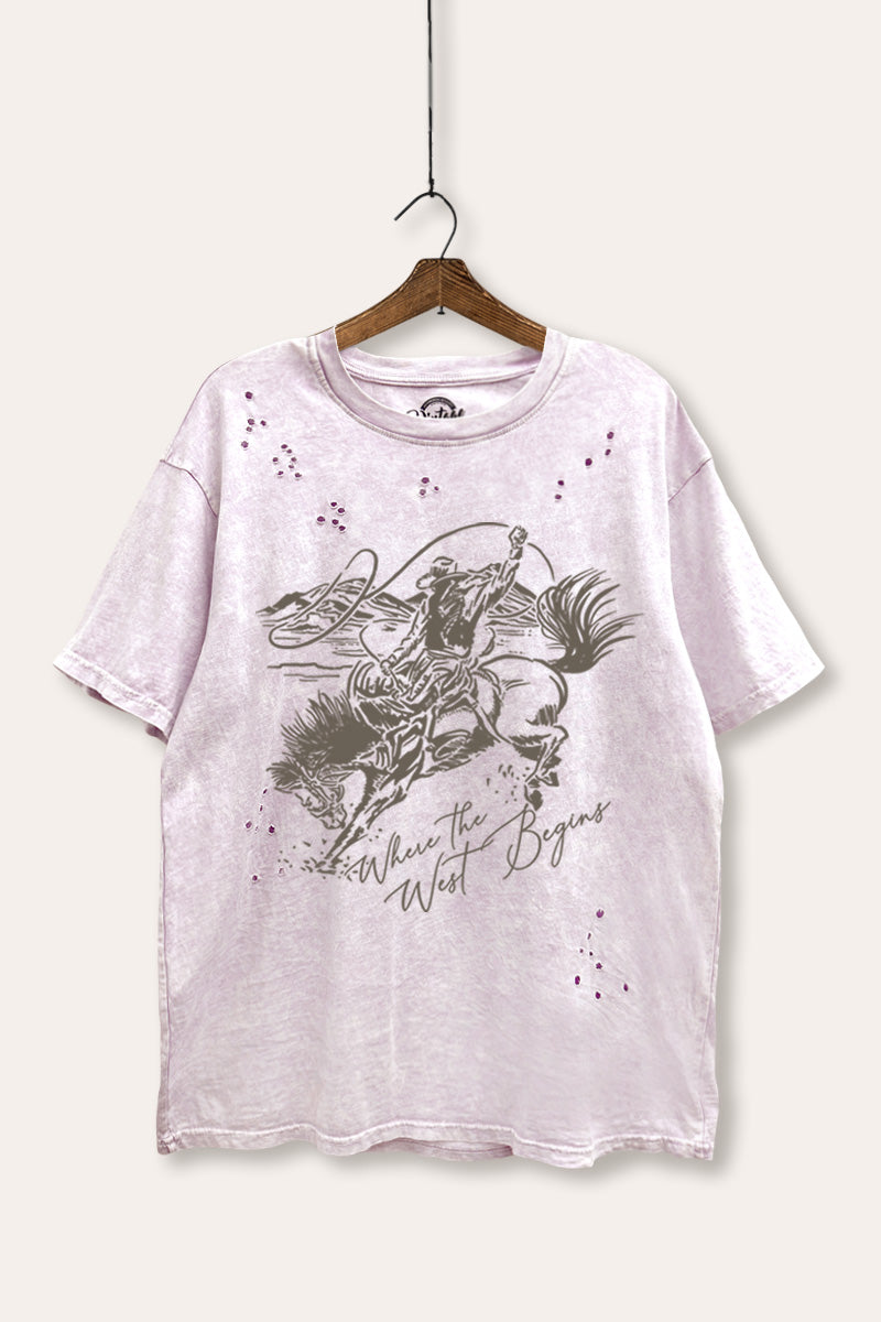 "where the west begins" laser cut boxy graphic tee